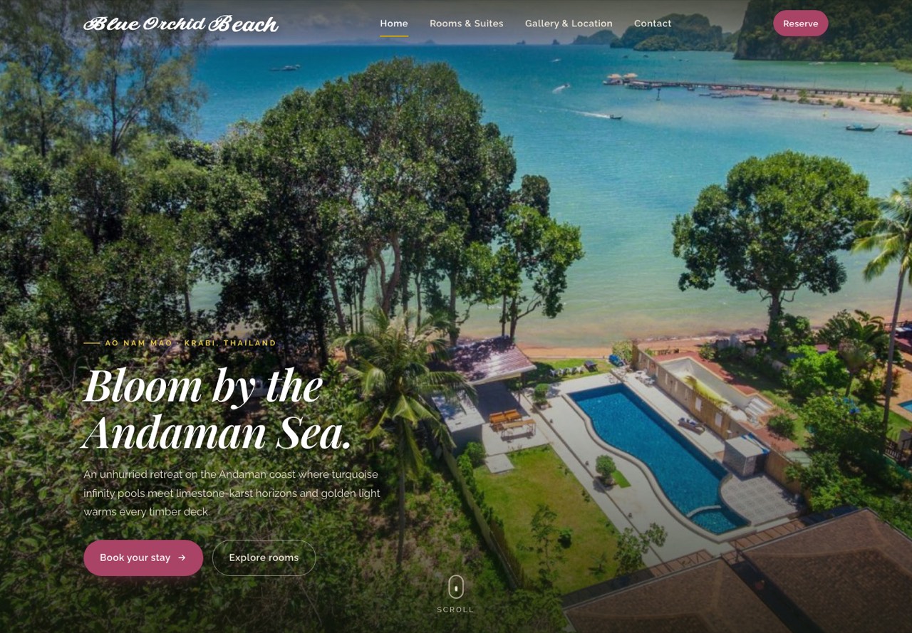 The Blue Orchid Beach Krabi concept site: a full-bleed beach hero above the room listing.