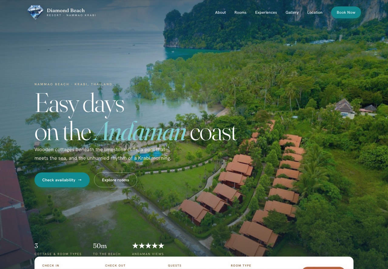 The Diamond Beach Nammao concept: an aerial of orange-roofed cottages lining the shore beneath forested limestone cliffs, headlined &ldquo;Easy days on the Andaman coast.&rdquo;