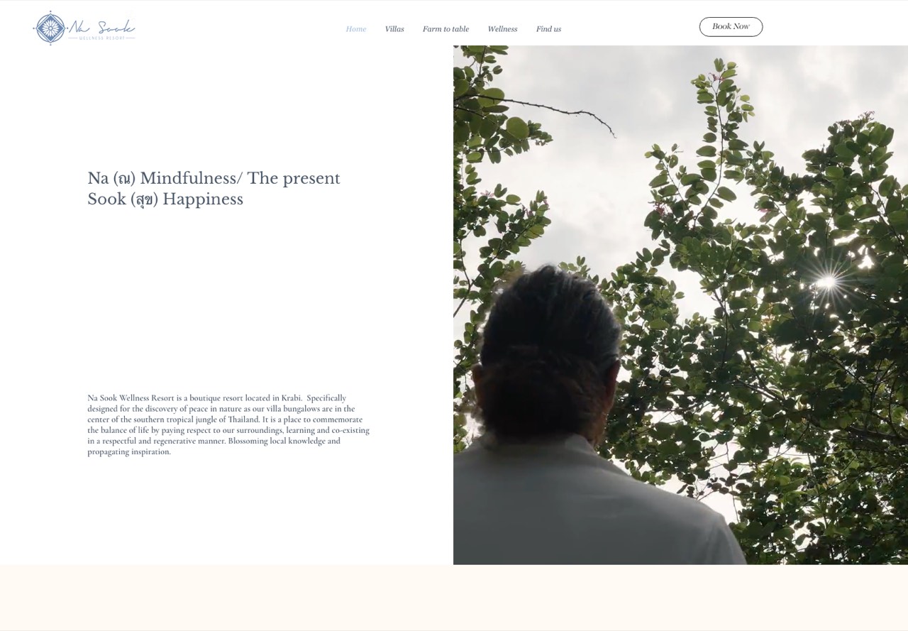 The Na Sook Wellness Resort site: the resort&rsquo;s navigation and a &ldquo;Book Now&rdquo; button beside a portrait gazing up into sunlit jungle canopy, next to copy on the Thai meaning of &ldquo;Na Sook&rdquo; &mdash; mindfulness and happiness.